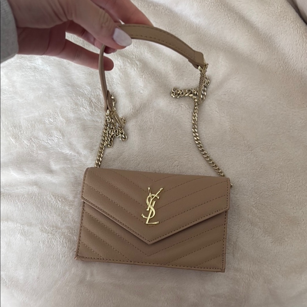 Saint Laurent Tan Crossbody Bag with Gold Chain and Chevron Quilting
